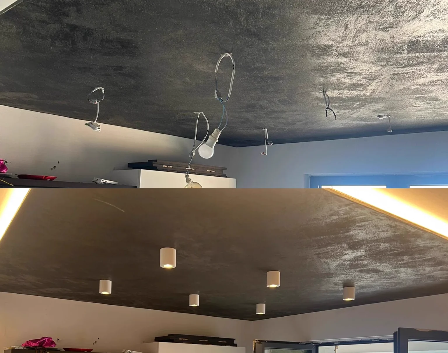 Avant et après : plafond béton ciré rénové avec corniche LED indirecte et spots cylindriques.