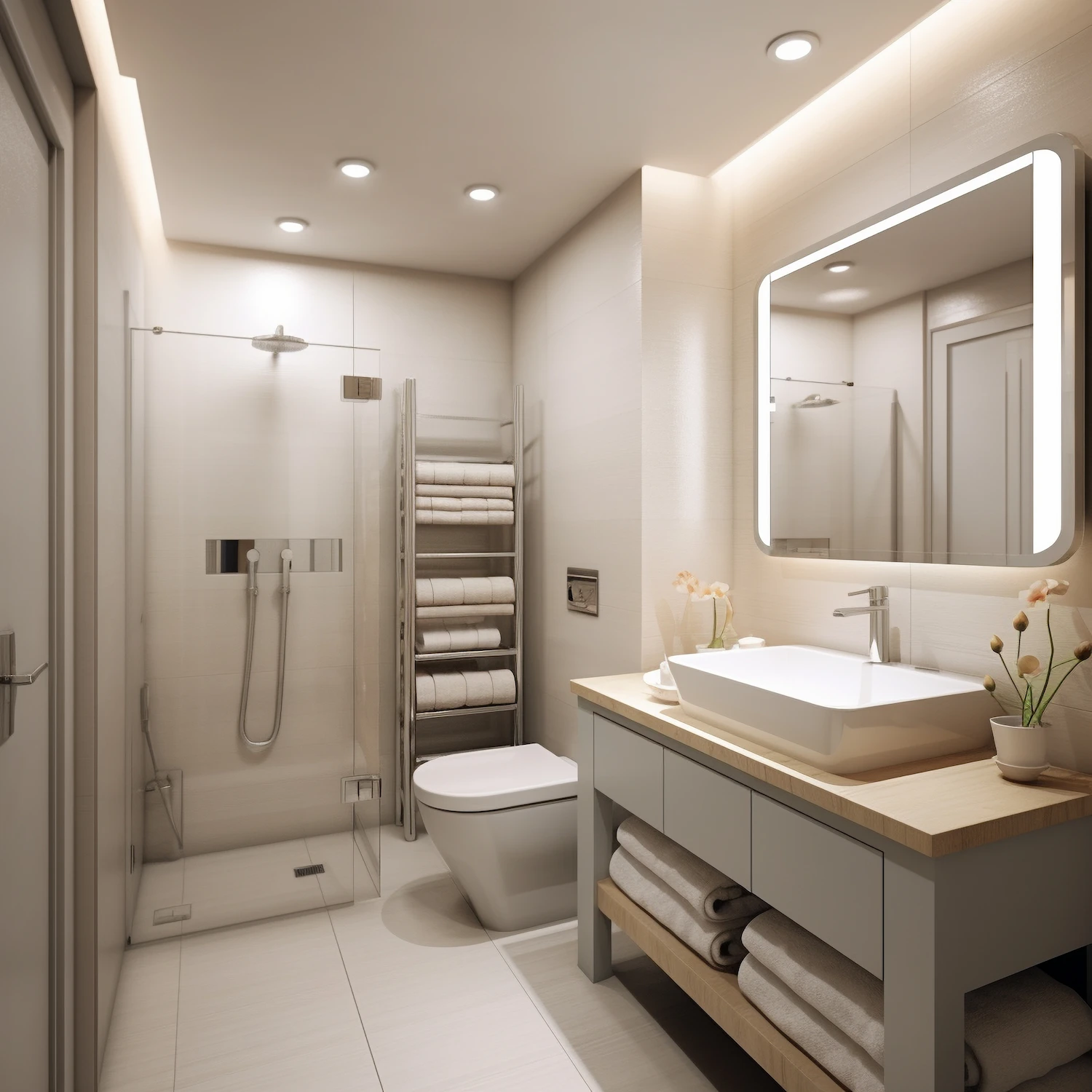 Éclairage de salle de bain installé par Renobat : lumière intégrée et ambiance maîtrisée.