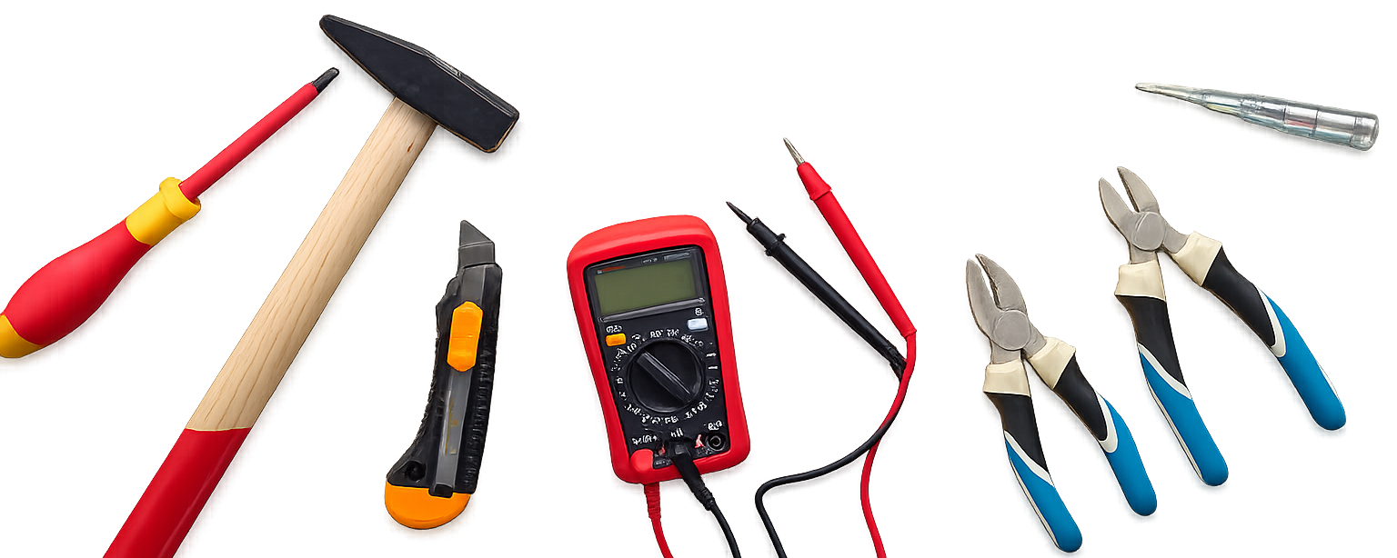 Outils d'électricien Renobat — tournevis, marteau, multimètre, pinces et vérificateur de tension.